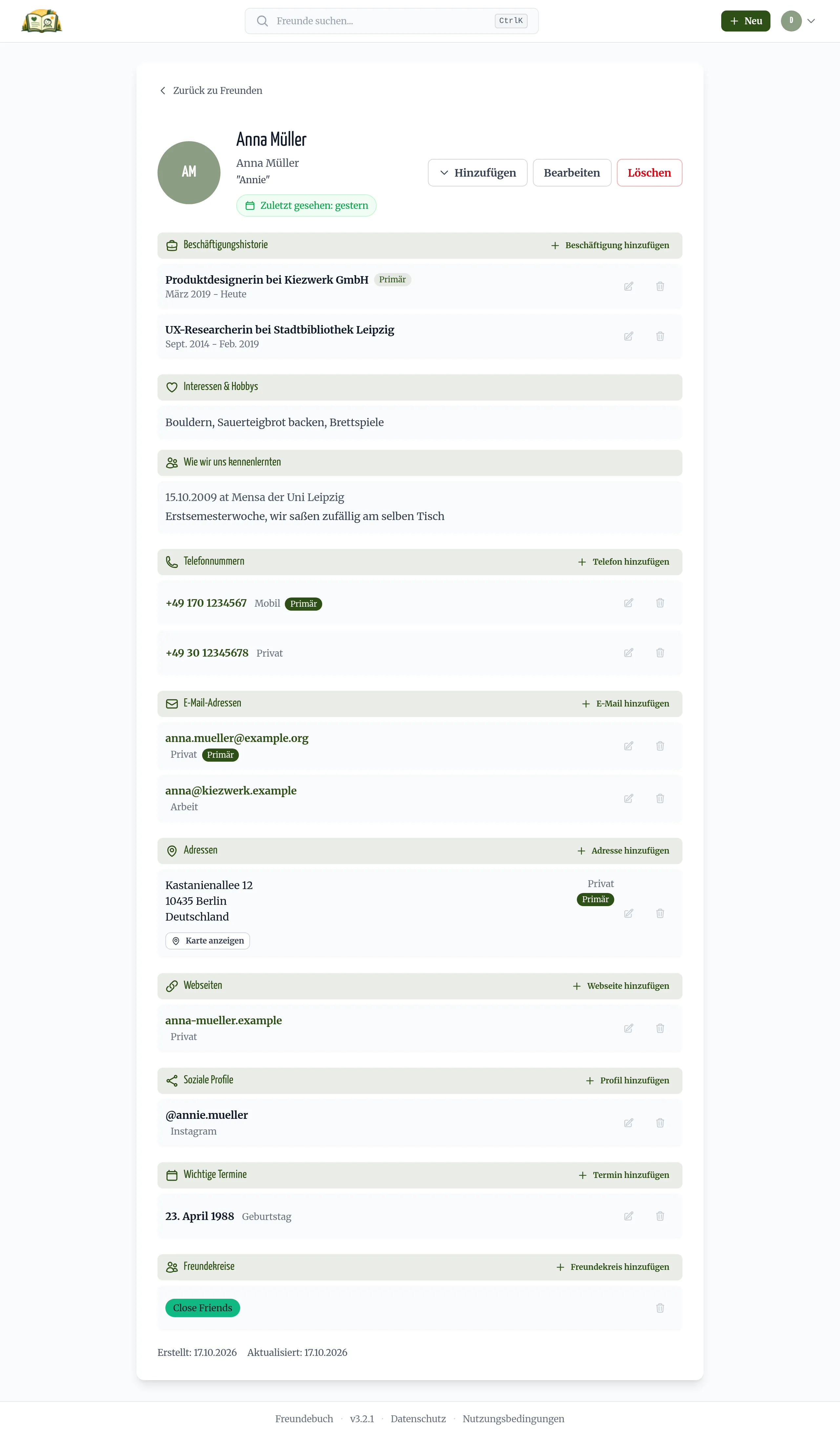 Die Seite von Anna Müller mit Beschäftigungshistorie, Interessen, Kennenlernen, Telefonnummern, E-Mail-Adressen, Adresse, Webseite, sozialem Profil, Geburtstag und Freundeskreis